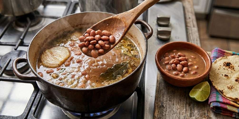 A clay pot of pinto beans